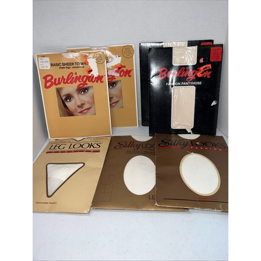 Vtg Silky Looks Burlington Pantyhose Sz Med Lot Of 7 NOS Textured Pink White